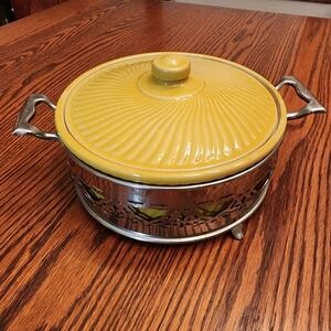 Casserole with Lid, Gold with Metal Carrier Oven Proof Vintage